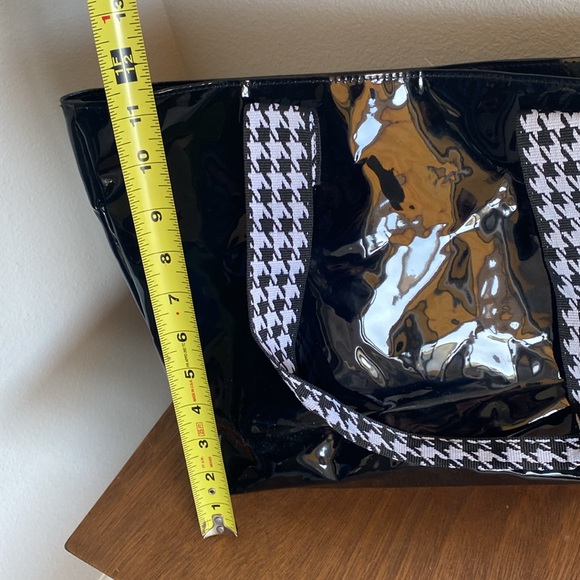 Nordstrom Black Shiny Plastic Tote Bag w/ Houndstooth Handles, 10-14”x5”x10” - Picture 9 of 13